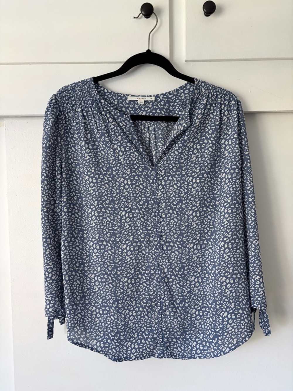 fun 2 fun Blue and White Printed Long-Sleeve V-Neck Blouse